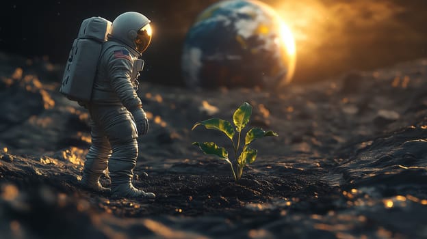 An astronaut watches a plant grow on the lunar surface with Earth visible in the background, symbolizing hope and new beginnings.