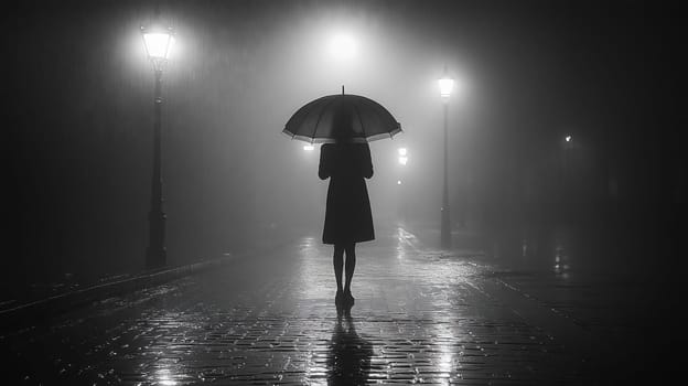 A woman holding an umbrella walks alone on a foggy, rainy city street at night, with glowing street lamps casting light on the wet pavement.