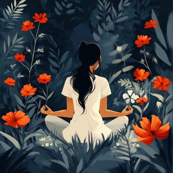 A young woman sits cross-legged in meditation, wearing white, surrounded by red blossoms and lush dark green plants in a peaceful forest setting.