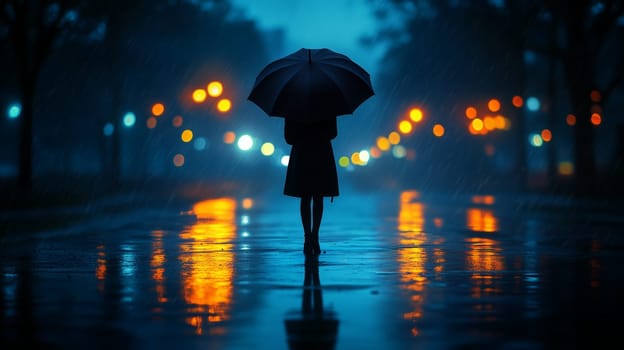 A woman holding an umbrella walks through a rainy city street at night, with glowing street lamps and reflections on the wet pavement.