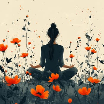 A woman sits cross-legged in meditation, surrounded by tall orange flowers and soft grass, facing a light background with scattered petals.