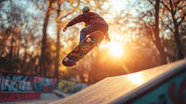 A skateboarder performs a jump in the skate park with the sunset in the background, surrounded by colorful graffiti and trees.