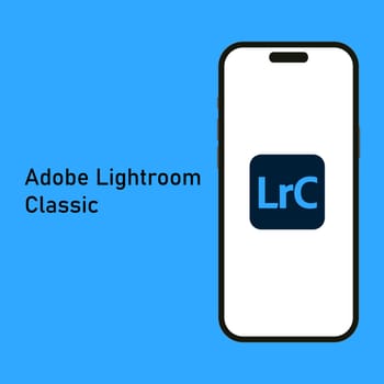 Kyiv, Ukraine - 14 June 2023: Adobe Photoshop Lightroom Classic logo isolated on the smartphone iPhone 14 screen with blue background. Lightroom is software of image organization and image processing