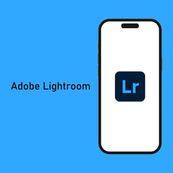Kyiv, Ukraine - 14 June 2023: Adobe Photoshop Lightroom logo isolated on the smartphone iPhone 14 screen with blue background. Lightroom is a piece of image organization and image processing software