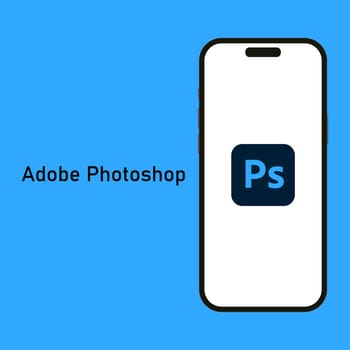 Kyiv, Ukraine - 14 June 2023: Adobe Photoshop logo isolated on the smartphone iPhone 14 screen with blue background. Photoshop is a raster graphics editor software developed by Adobe Inc. 1990
