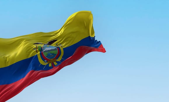 Close-up view of the Ecuador national flag waving in the wind. The Republic of Ecuador is a presidential republic of South America. 3d illustration render. Fluttering fabric