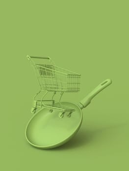 Green cooking pan and shopping cart 3D rendering illustration isolated on green background