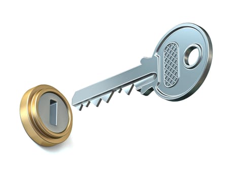 Key and keyhole 3D rendering illustration isolated on white background