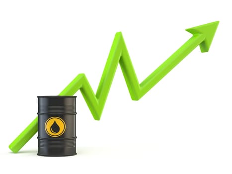Black oil barrel with green rising arrow 3D rendering illustration isolated on white background