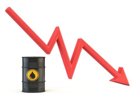 Black oil barrel with red falling arrow 3D rendering illustration isolated on white background