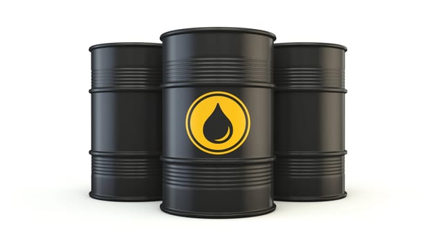 Three black oil barrels 3D rendering illustration isolated on white background