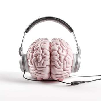 Human brain with headphone, listening to music, education and social media concept, intelligent mind, generative AI