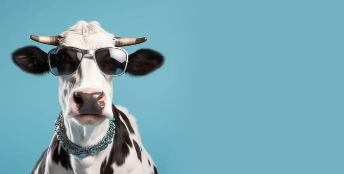 Cow wearing sunglasses in front of a blue background, surreal animal portrait, generative AI