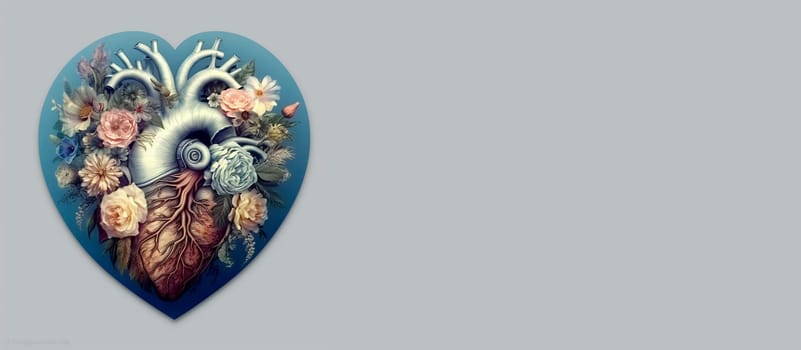 Human heart with flowers, love and emotion concept, good hearted person, help and charity, generative AI