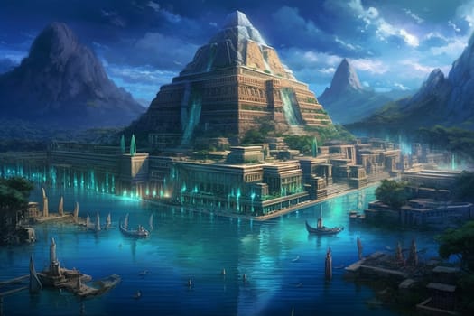 Atlantis, ancient civilization, history and mythology, legend city sunken under the water, generative AI