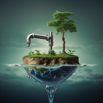 Water tap coming out of an oasis on planet earth, environment issue, scarcity of sustainable eco friendly resources, world water day, generative AI