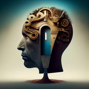Man with keyhole in the brain, open door to the secret mind, light tunnel to new dimension, creative innovative idea, generative AI
