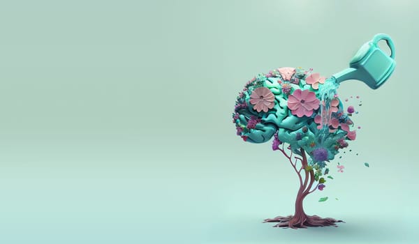 Human brain growing from a flower, watering can is pouring water on the mind, mental health concept, positive attitude, creative thinking, generative AI