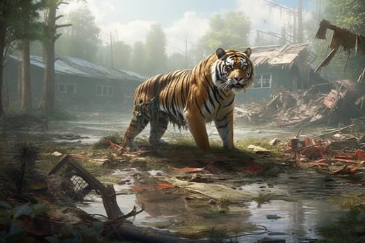 Tiger in a destroyed village in the jungle, disaster for wildlife animals, damage of the environment and ecosystem, climate change, generative AI