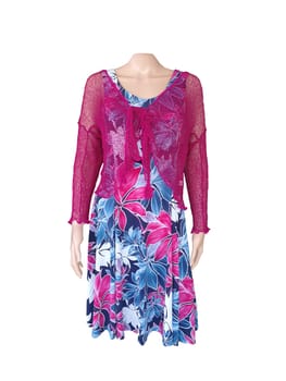 Dress isolated. Closeup of a colorful elegant stylish summer dress or sundress with floral pattern with a red bolero on a mannequin isolated on white. Summer fashion.