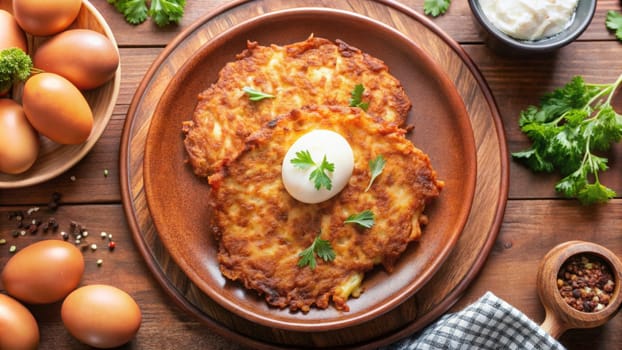 Crispy latkes with a dollop of sour cream and fresh herbs, surrounded by eggs and spices on a rustic wooden table. perfect for hanukkah festivities with copy space.