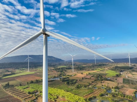 Landscape of wind farm. Wind energy. Wind power. Sustainable, renewable energy. Wind turbines generate electricity. Sustainable development. Green technology for energy sustainability. Green energy.