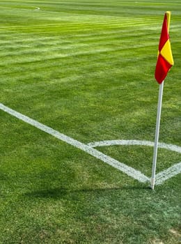 Football flags on the corner of the green field