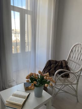armchair with blanket and book in the interior of a room
