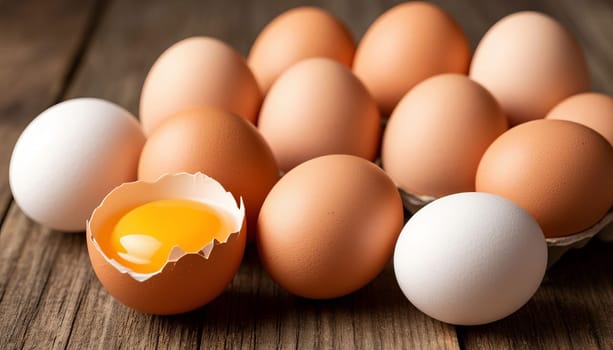 Fresh brown eggs across a rustic wooden surface with one prominently cracked open, revealing bright yellow yolk inside. Lack of eggs. Ai generated.