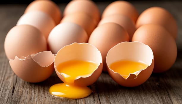 Fresh brown eggs across a rustic wooden surface with one prominently cracked open, revealing bright yellow yolk inside. Lack of eggs. Ai generated.