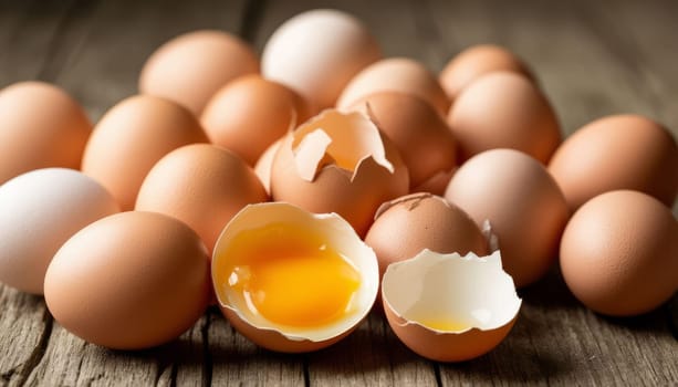 Fresh brown eggs across a rustic wooden surface with one prominently cracked open, revealing bright yellow yolk inside. Lack of eggs. Ai generated.
