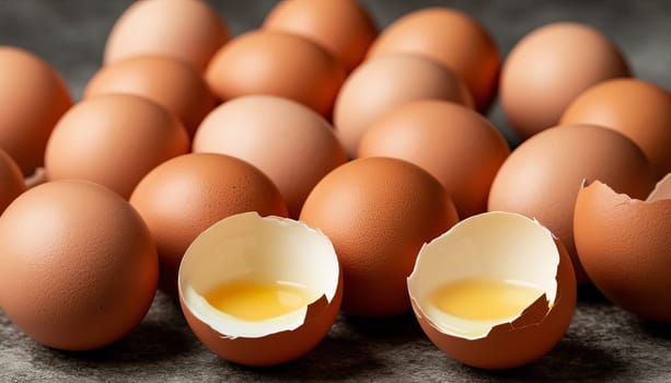 Fresh brown eggs across a rustic wooden surface with one prominently cracked open, revealing bright yellow yolk inside. Lack of eggs. Ai generated.
