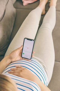 Pregnant woman on the phone in the online store for baby clothing. Selective focus. Cute.