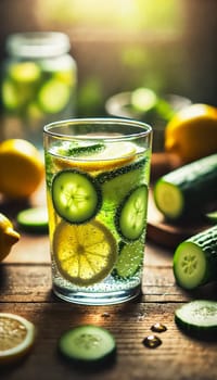 An elegant glass filled with crisp, refreshing water infused with cucumber, lemon, and lime slices. The bubbles dance around the fresh ingredients, sitting on a marble countertop with natural light enhancing the vibrant colors.