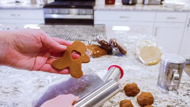 Using various festive cookie cutters, we're cutting out charming gingerbread cookies from the rolled dough on the sleek marble counter, bringing holiday cheer to the modern kitchen.