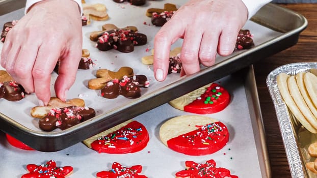 Carefully packaging Christmas cutout cookies, half-dipped in chocolate and presented in clear cellophane wrapping, perfect for festive gifting.