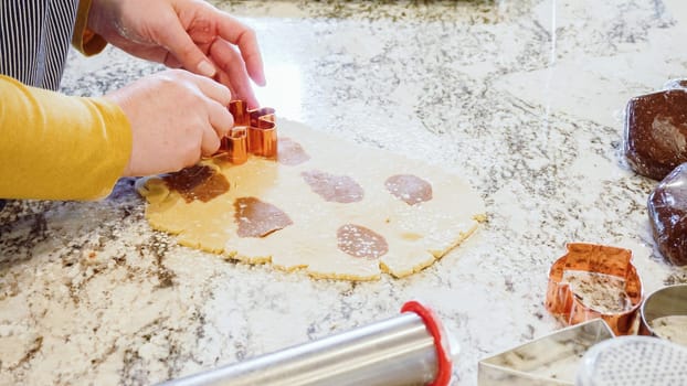 Using various festive cookie cutters, we're cutting out charming gingerbread cookies from the rolled dough on the sleek marble counter, bringing holiday cheer to the modern kitchen.