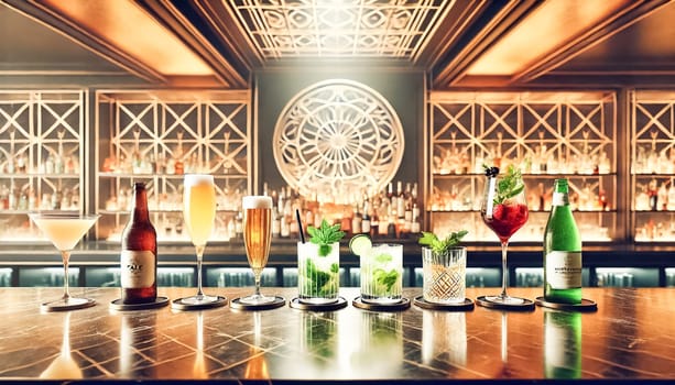 Five diverse drinks are perfectly aligned on a sleek marble bar counter, each uniquely vibrant and presented without any hand in sight. The backdrop features a stylish geometric pattern, adding to the modern and sophisticated ambiance of the bar.