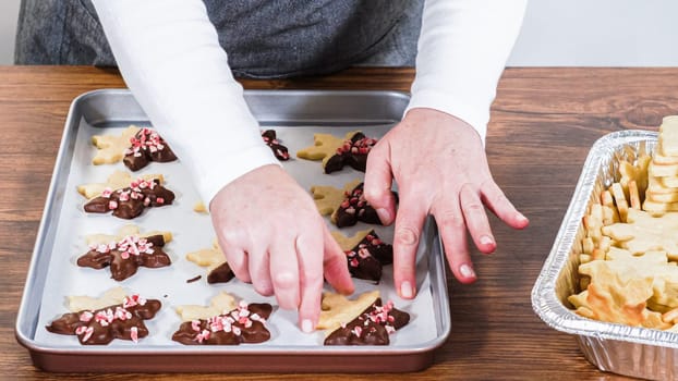 Carefully packaging Christmas cutout cookies, half-dipped in chocolate and presented in clear cellophane wrapping, perfect for festive gifting.