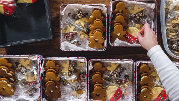 Flat lay. Lovingly homemade gingerbread and sugar cookies, half-dipped in rich chocolate, nestled in decorative Christmas tin boxes perfect for seasonal gifting.
