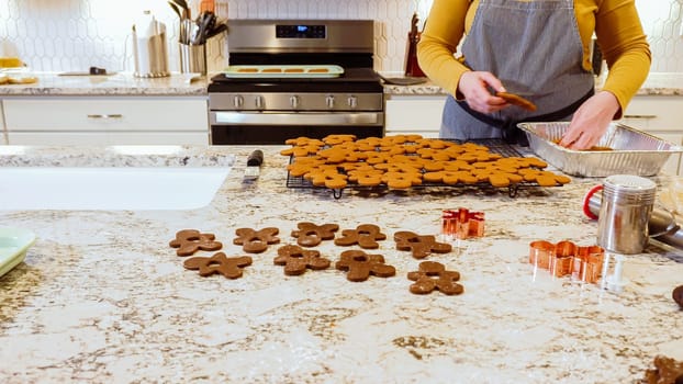 After baking to perfection, these delightful gingerbread cookies are now cooling gracefully on a wire rack, filling the modern kitchen with a warm and inviting aroma.