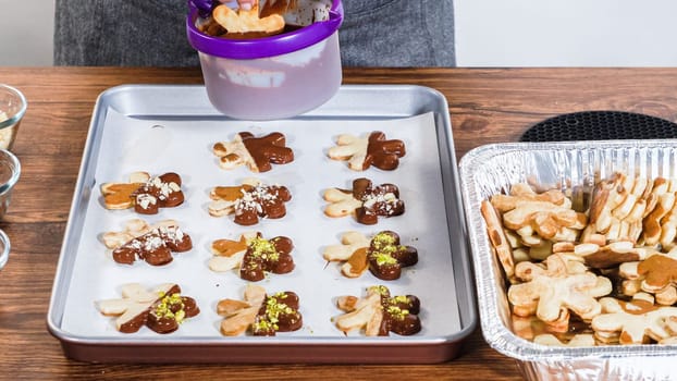 Crafting star-shaped holiday cookies dipped in chocolate and sprinkled with variety of toppings.