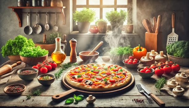 A close-up of a freshly sliced pizza with melted cheese stretching, topped with fresh basil and ripe tomatoes. The rustic kitchen setting adds a cozy and homely feel, surrounded by olive oil, garlic, and fresh ingredients.