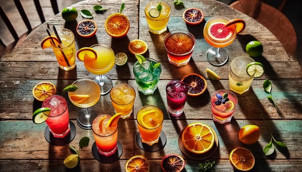 A vibrant display of cocktails, featuring colorful drinks with fresh fruit garnishes like lime, blood orange, and pineapple. The table is rustic, and water droplets add a refreshing and casual ambiance to the scene.