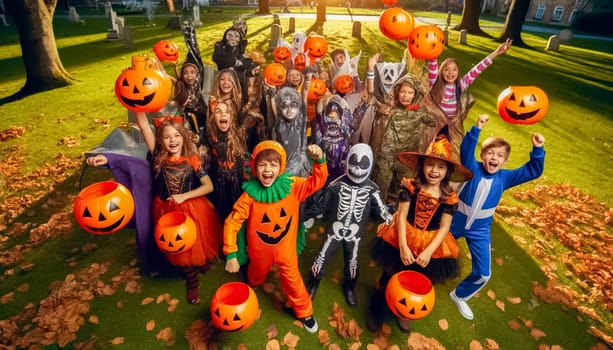 A lively group of kids posing outdoors in a grassy area, wearing colorful Halloween costumes. The costumes range from pumpkins and skeletons to superheroes and astronauts, with the children showcasing excited expressions and playful gestures. The festive atmosphere is perfect for a Halloween celebration filled with laughter and joy.