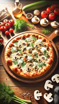 Two freshly baked pizzas rest on metal trays atop a rustic wooden table. One features a creamy white sauce with ricotta cheese, and the other is topped with mushrooms, fresh dill, and melted mozzarella. The pizzas have crispy golden edges, with a small bowl of red pepper flakes nearby, perfect for a cozy meal.