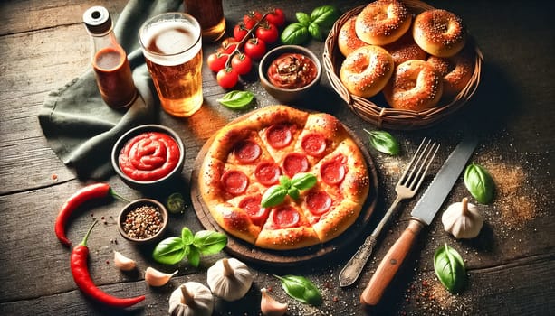 A cozy pizza night setup featuring a freshly baked pepperoni pizza with melted cheese and a golden crust, accompanied by garlic knots and marinara sauce. The warm, rustic setting is enhanced by fresh basil, red pepper flakes, garlic cloves, and a cold glass of beer on a dark wooden table.
