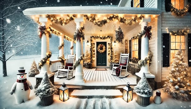 Snow blankets a charming farmhouse porch adorned with sparkling lights and Christmas decorations. Rocking chairs with checkered cushions and warm light from the windows invite a cozy atmosphere, while evergreens dusted with snow and a cheerful snowman enhance the holiday magic.
