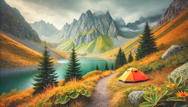 A peaceful campsite nestled near a clear mountain lake, with the sun rising through the trees, casting a golden glow across the water. The mist lingers over the lake, reflecting the towering mountains in the distance, creating a serene atmosphere.