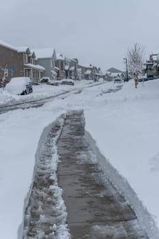 Castle Rock, Colorado, USA-March 14, 2024-A freshly shoveled walkway cuts through a thick blanket of snow, offering passage in a neighborhood transformed by winter's touch, as houses stand sentinel in the muted quiet.